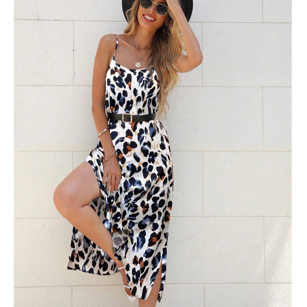Leopard Print Cami Dress Leg Slit White Animal Cheetah